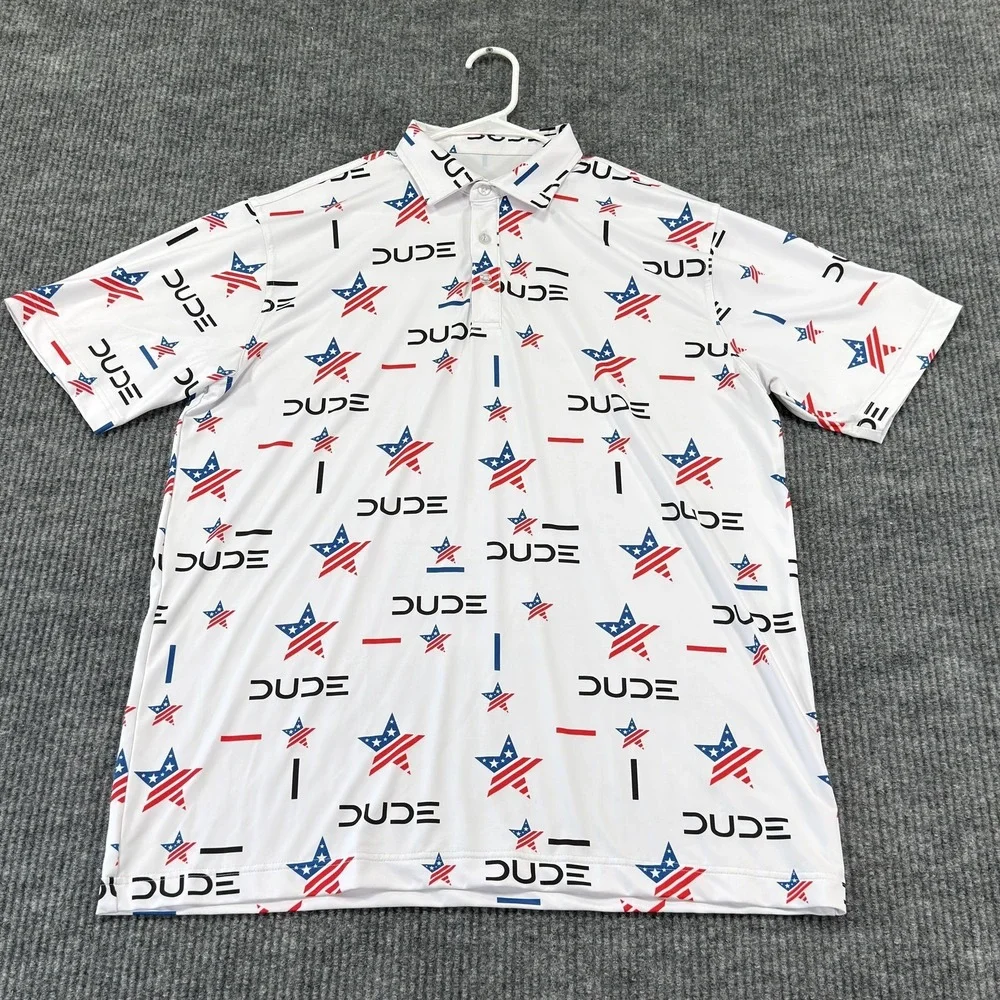 Waggle Polo Shirt Mens XL White USA Flag DUDE Print Golf Stretch Performance - Picture 2 of 9